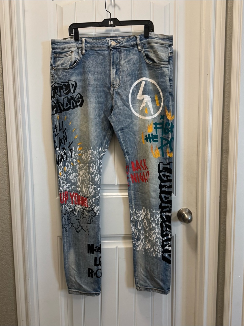 Lifted Anchors Mens Skinny Denim Jeans Graffiti Graphic Blue Punk Grunge Size 40